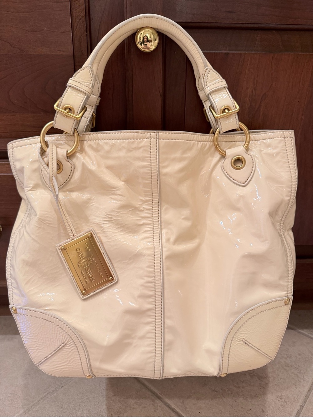 The Original Car Shoe Cream Patent Leather Tote with Gold Hardware